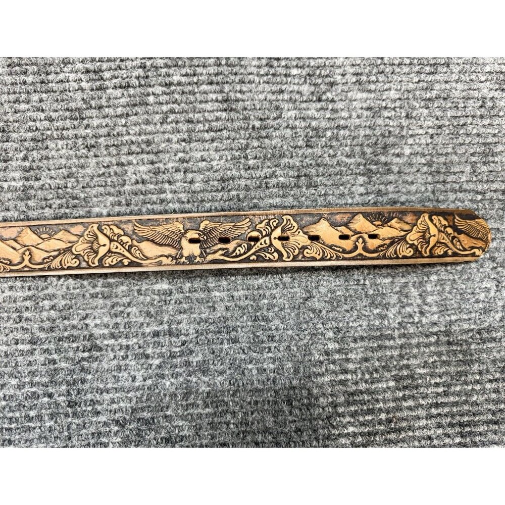Vintage Tooled Stamped Leather Belt Sz 32 Brown Eagle Mountains Flower USA Made - Picture 3 of 8